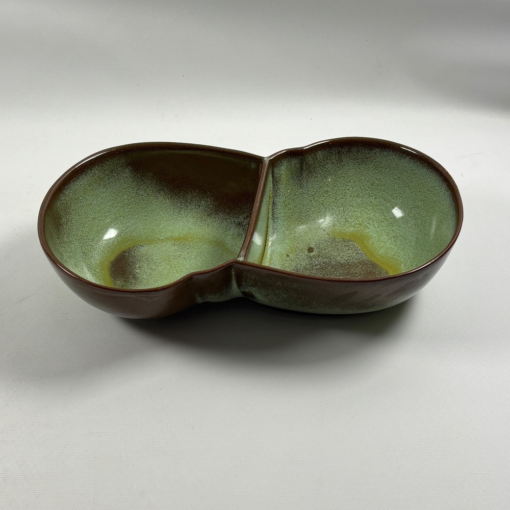 Vintage Frankoma Pottery 4QD Divided Vegetable Bowl Plainsman Prairie Green Dish